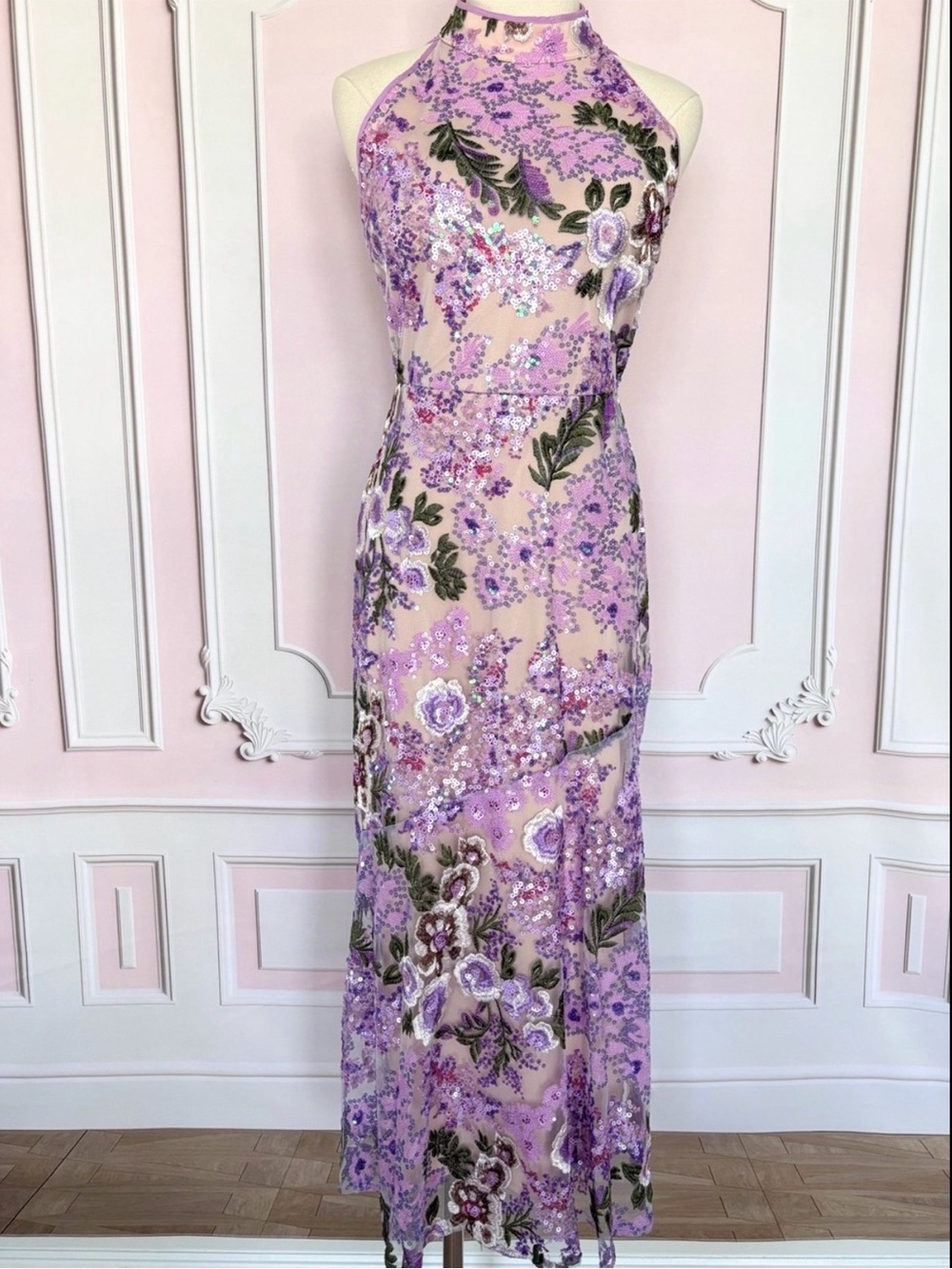 SAM EDELMAN Lavender Floral Lace Sequined Fitted Halter Midi Dress--NWT--4